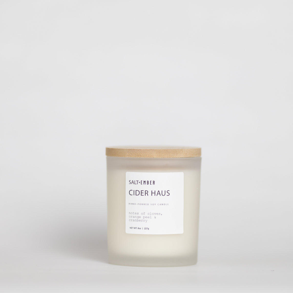 Cider Haus scented soy candle, 8 oz frosted glass jar with bamboo lid
