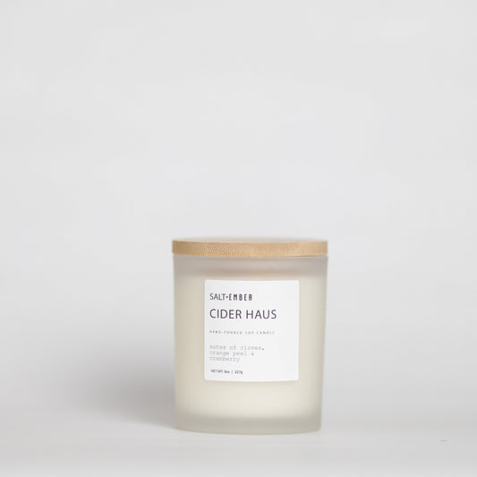 Cider Haus scented soy candle, 8 oz frosted glass jar with bamboo lid