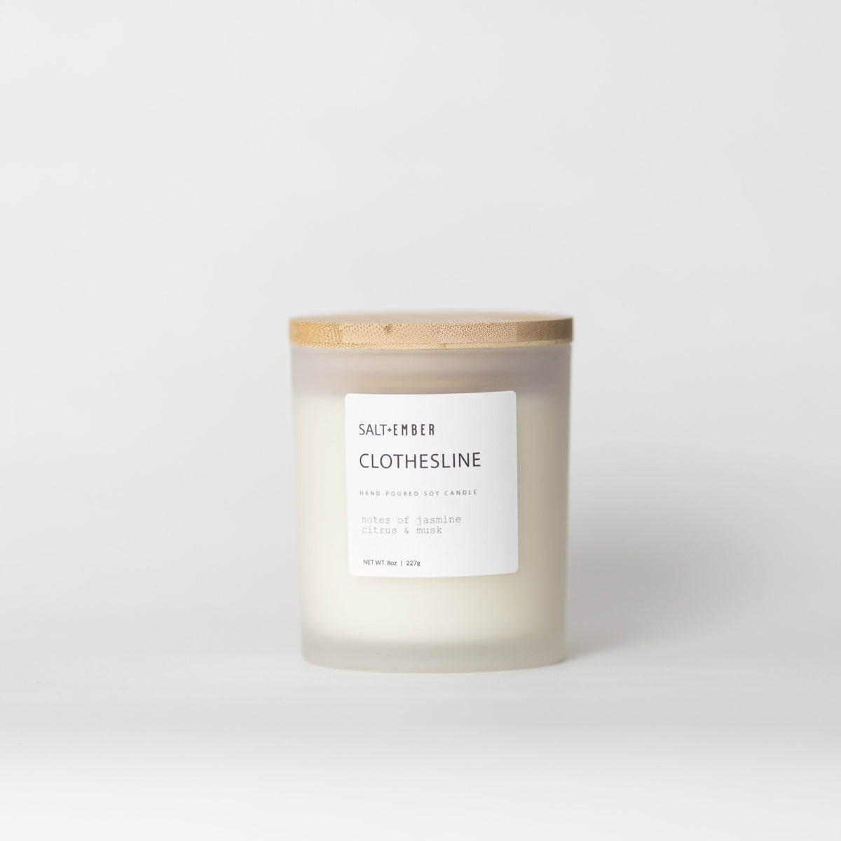 Clothesline scented soy candle, 8 oz frosted glass jar with bamboo lid