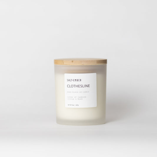 Clothesline scented soy candle, 8 oz frosted glass jar with bamboo lid