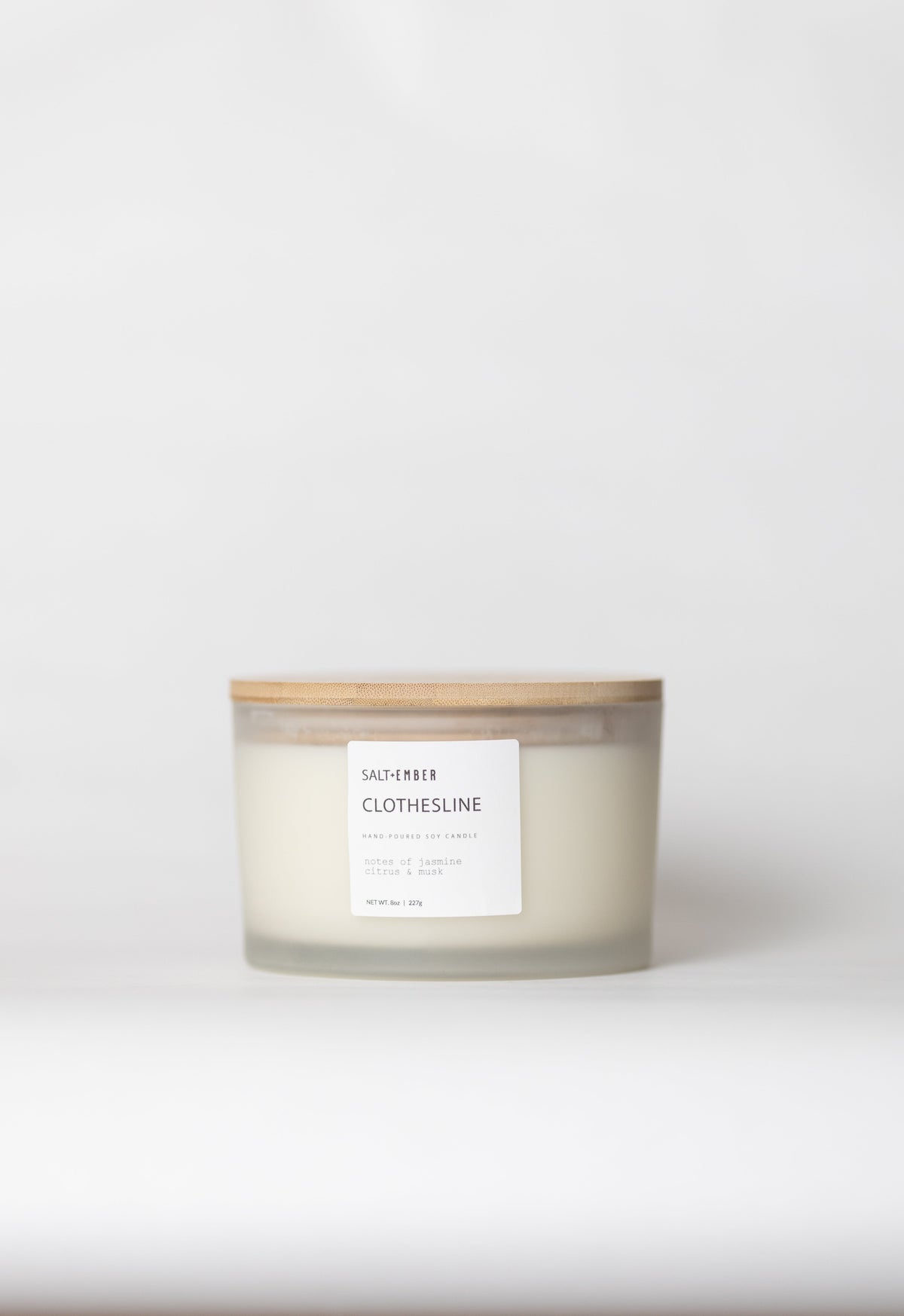 Clothesline scented soy candle, three wick frosted glass jar with bamboo lid