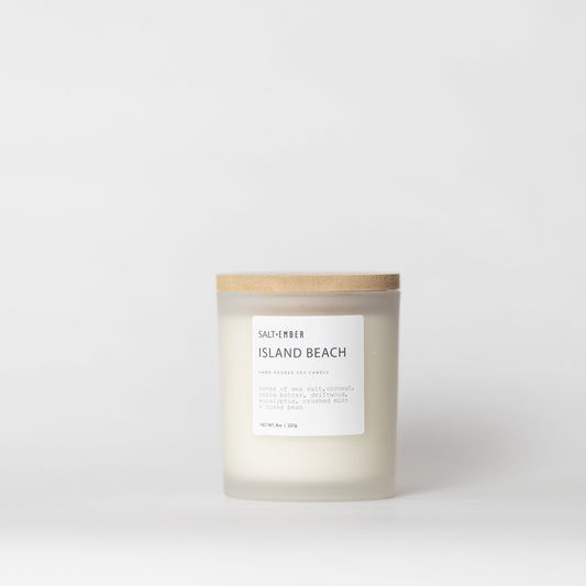 Island Beach scented soy candle, 8 oz frosted glass jar with bamboo lid