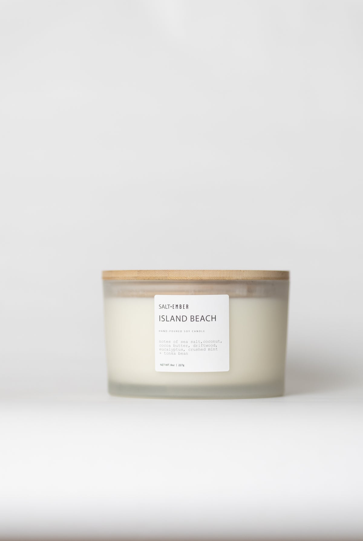 Island Beach scented soy candle, three wick frosted glass jar with bamboo lid