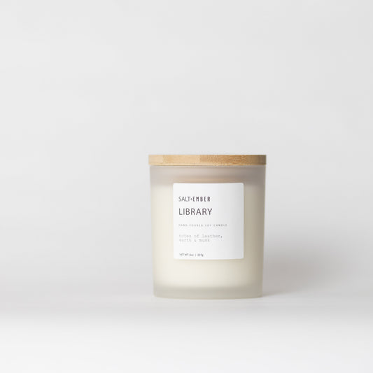 Library scented soy candle, 8 oz frosted glass jar with bamboo lid