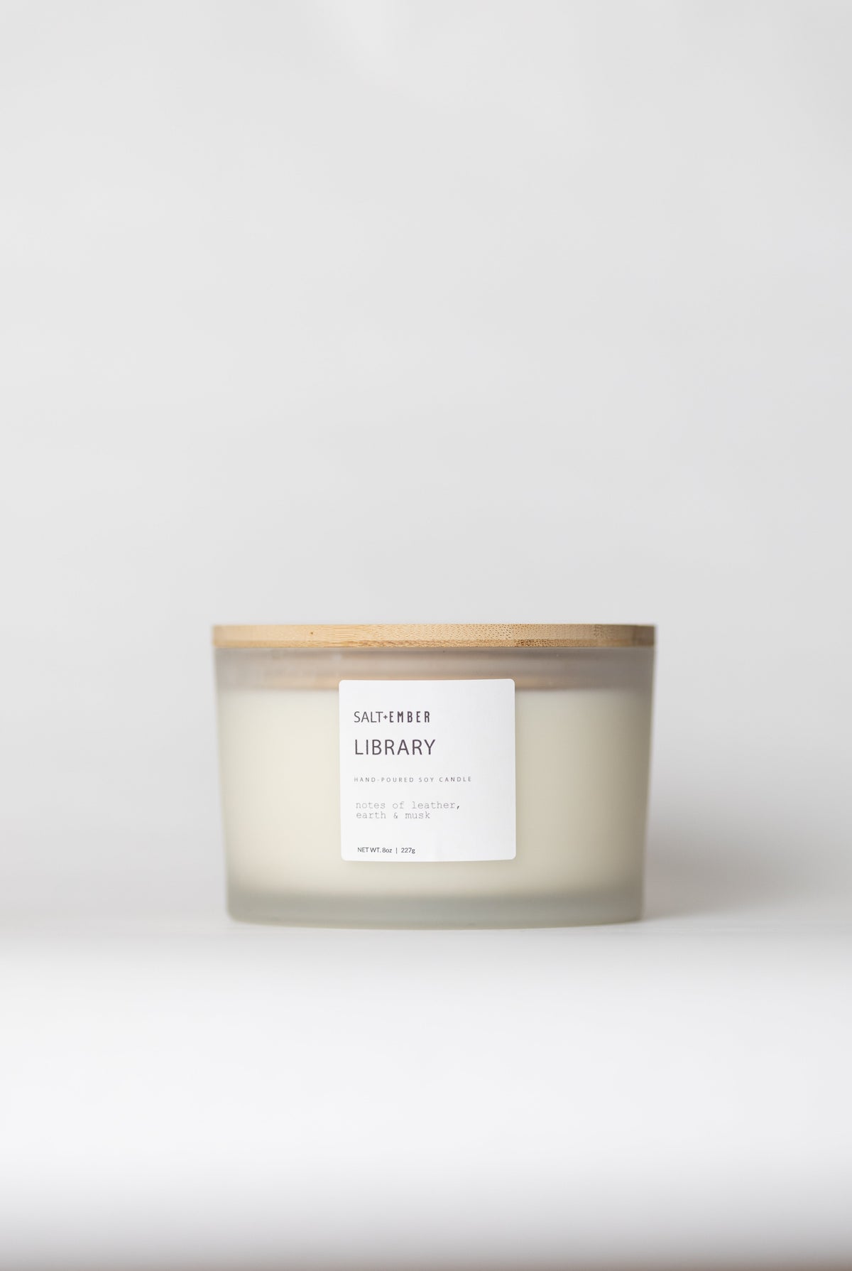 Library scented soy candle, three wick frosted glass jar with bamboo lid