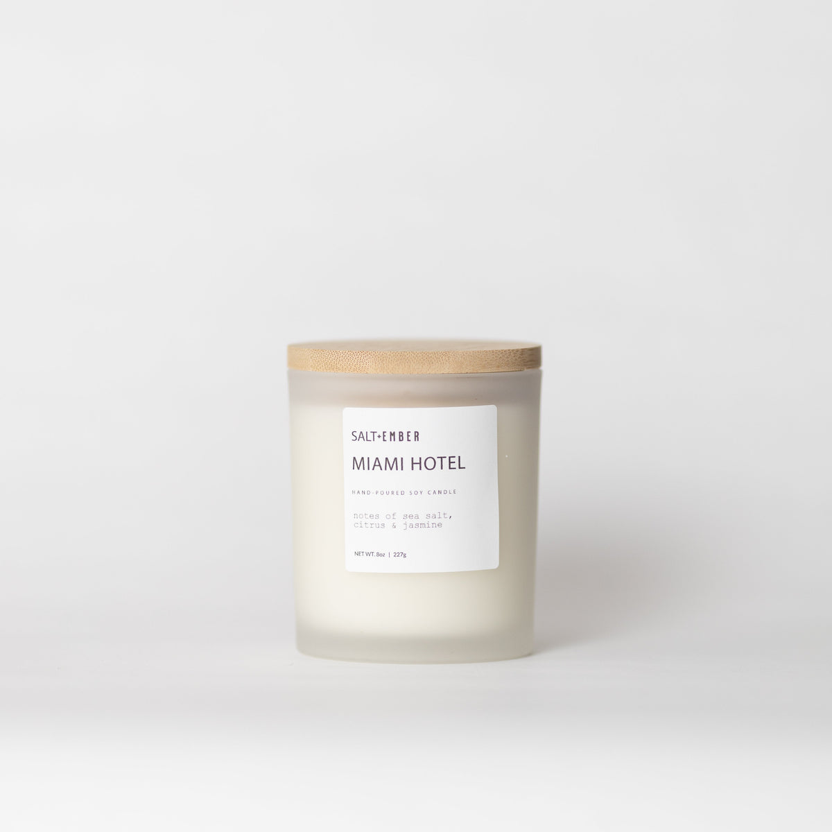 Miami Hotel scented soy candle, 8 oz frosted glass jar with bamboo lid