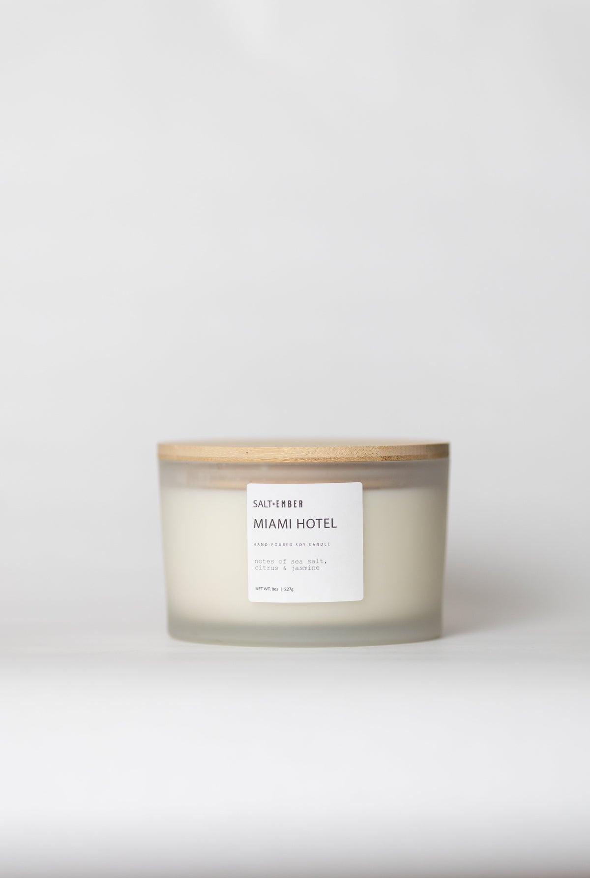 Miami Hotel scented soy candle, three wick frosted glass jar with bamboo lid