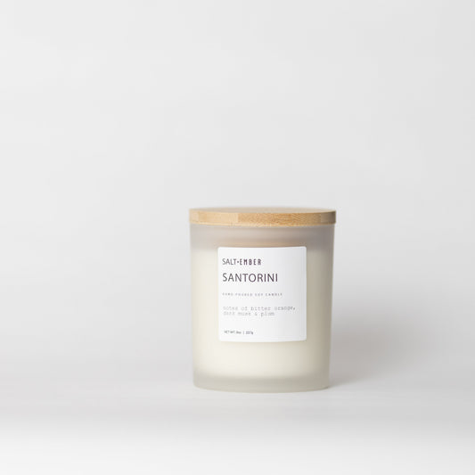 Santorini scented soy candle, 8 oz frosted glass jar with bamboo lid