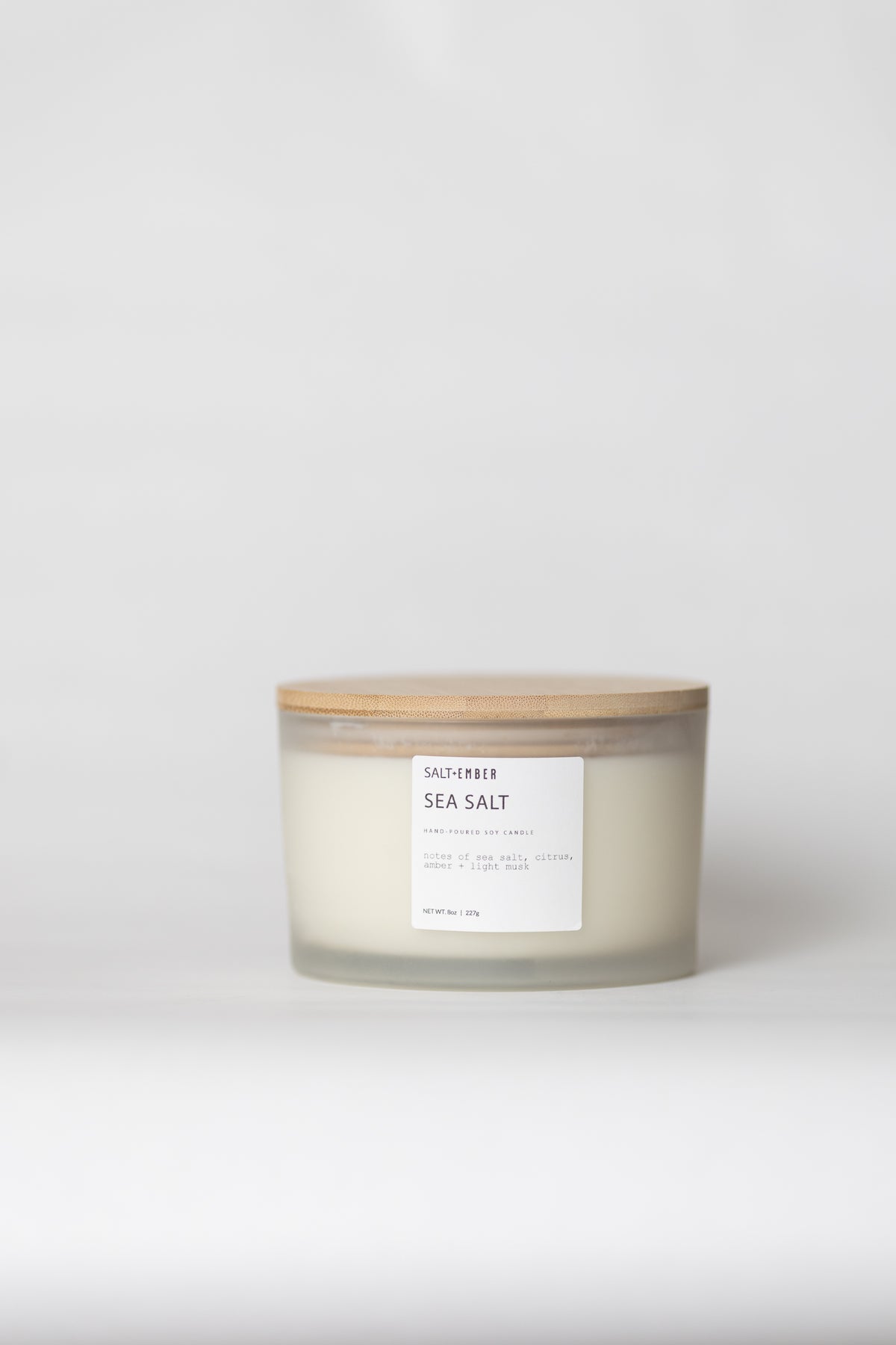 Sea Salt scented soy candle, three wick frosted glass jar with bamboo lid