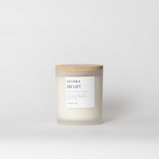 Ski Lift scented soy candle, 8 oz frosted glass jar with bamboo lid