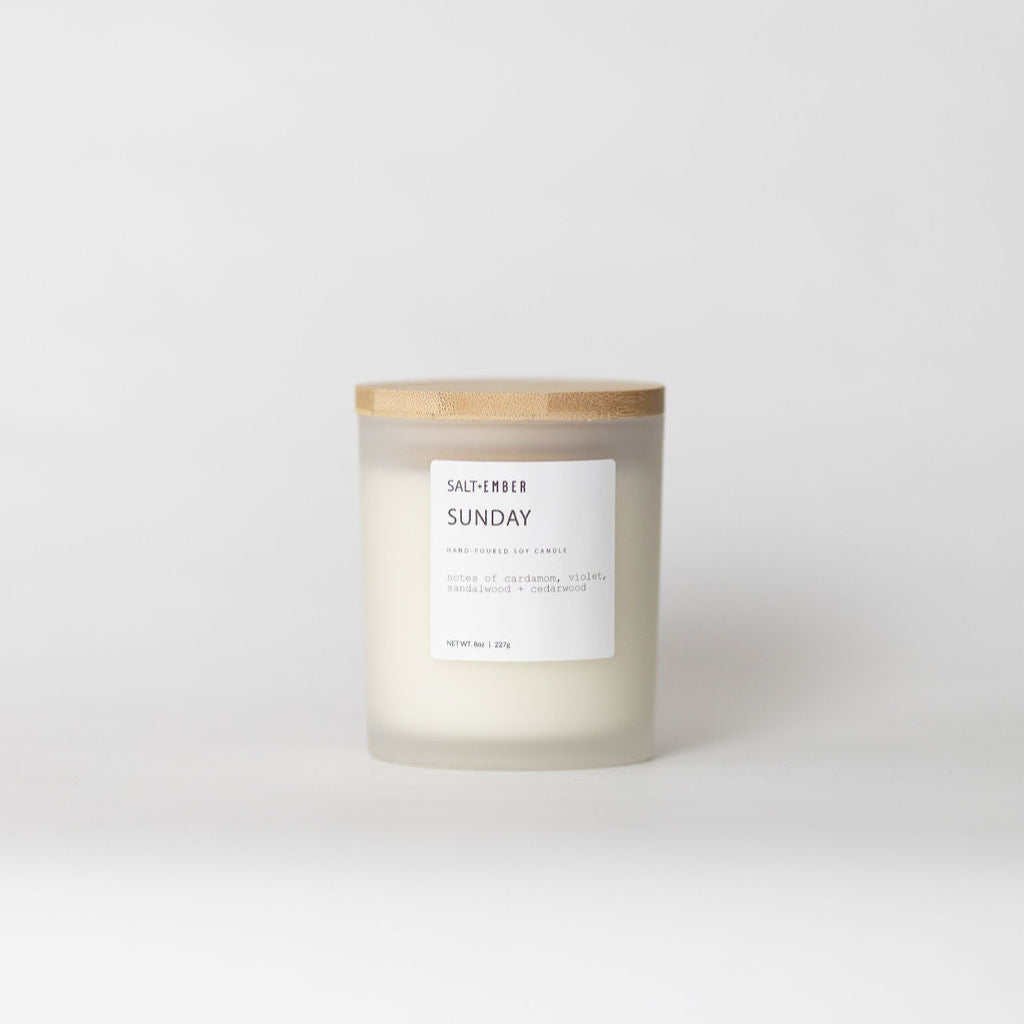 Sunday scented soy candle, 8 oz frosted glass jar with bamboo lid