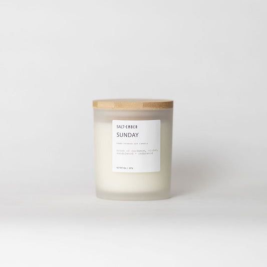 Sunday scented soy candle, 8 oz frosted glass jar with bamboo lid