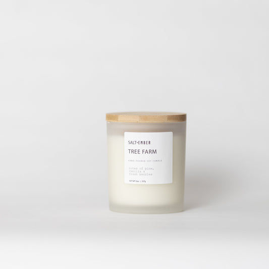 Tree Farm scented soy candle, 8 oz frosted glass jar with bamboo lid