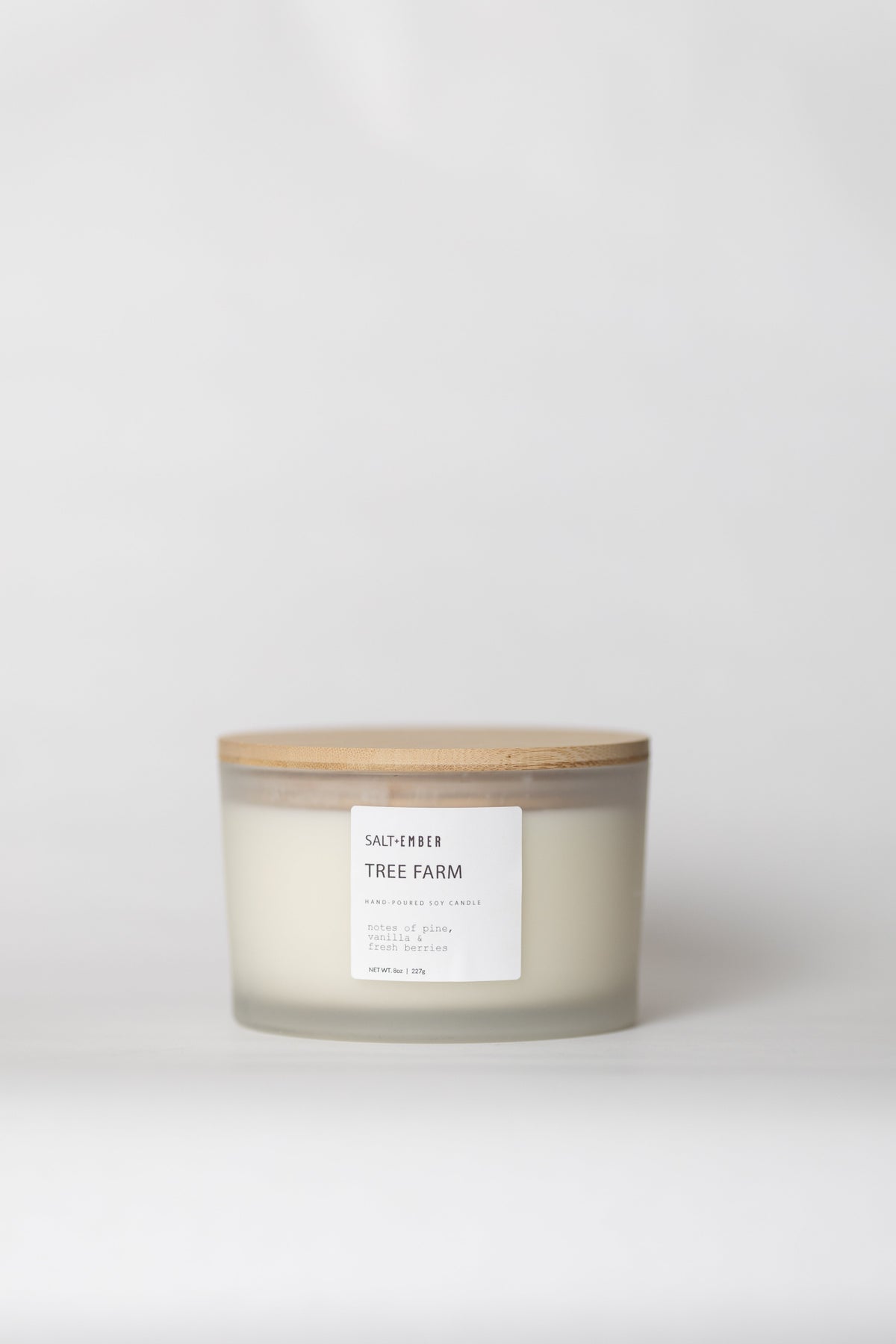 Tree Farm scented soy candle, three wick frosted glass jar with bamboo lid