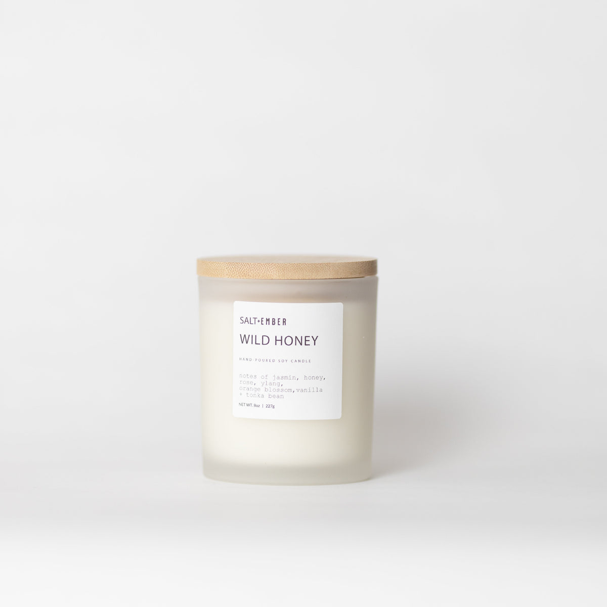 Wild Honey scented soy candle, 8 oz frosted glass jar with bamboo lid