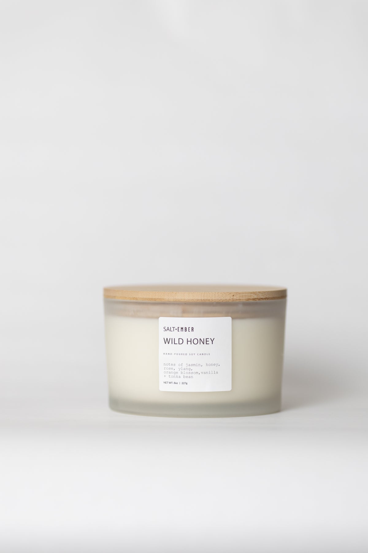 Wild Honey scented soy candle, three wick frosted glass jar with bamboo lid