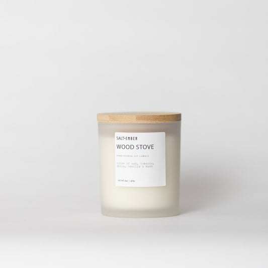 Wood Stove scented soy candle, 8 oz frosted glass jar with bamboo lid